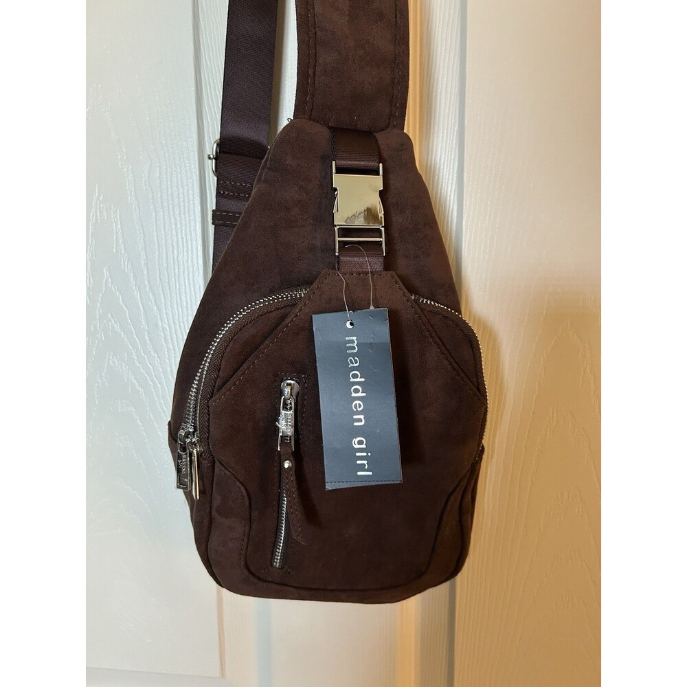 Madden Girl Brown Sling Crossbody Bag NWT Faux Suede Multi Zip